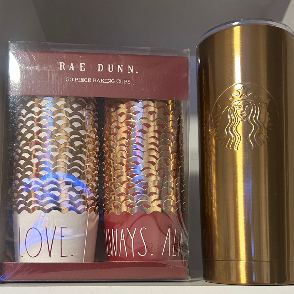 Starbucks Metallic Gold Tumbler with Rae Dunn Baking Cups BUNDLE